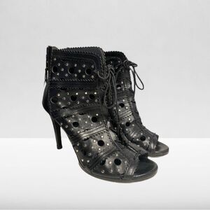 Stuart Weitzman Cagey Black Leather Rocker Open Toe Ankle Bootie w/ silver studs